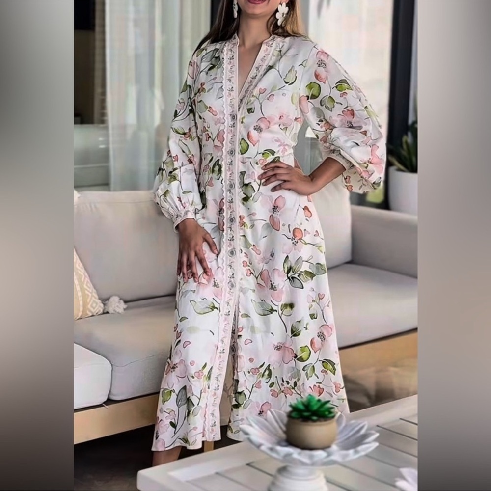NWT Caroline Constas  Ivory Floral Print Linen Blend Dress  Sz XS
